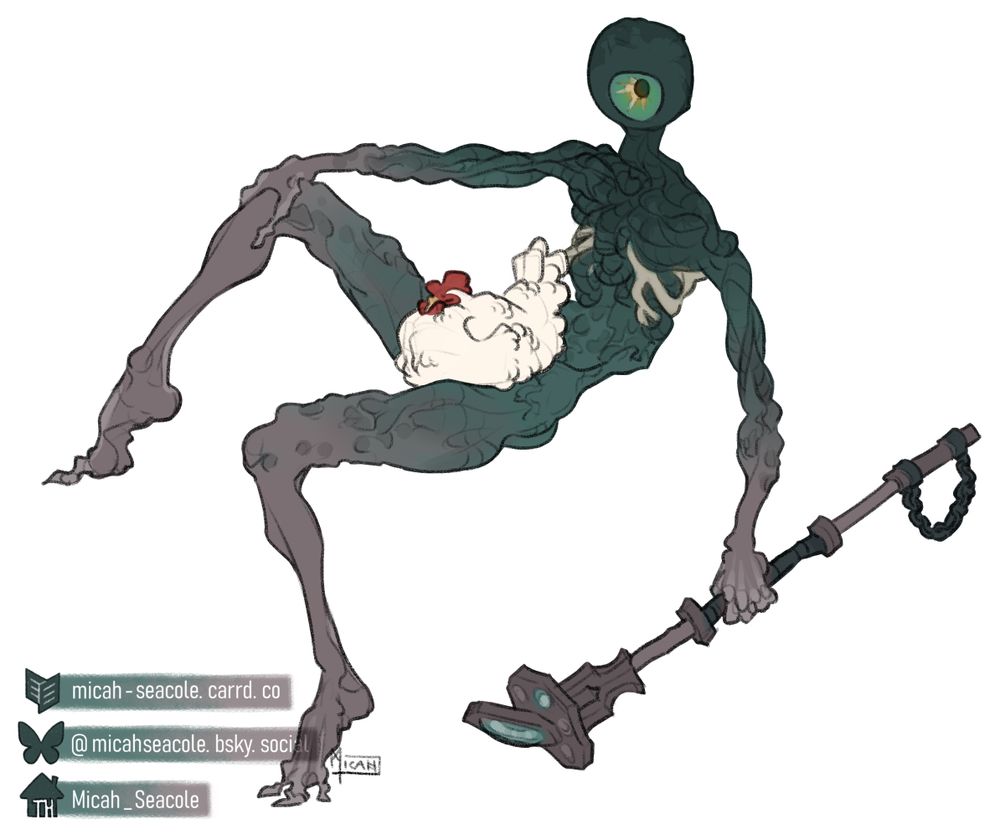 A humanoid character with a singular eye for his head lounging. A white chicken sits on his lap and he holds a grey magic staff in his left hand.