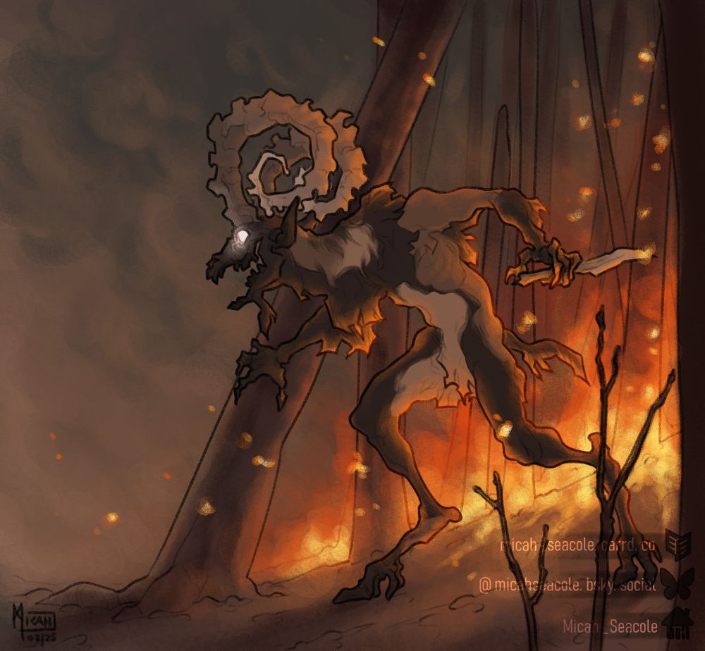 An anthropomorphic ibex with its skull visible stalking through a burning forest, holding a crude knife. Its eyes are glowing pure white as it seems to hunt for something.