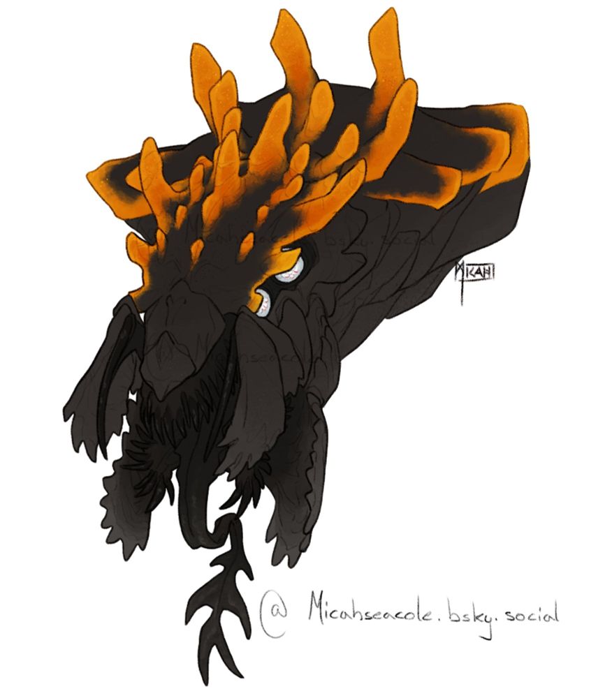 A portrait of an insectoid alien baring its fangs at the viewer. It is covered in hard chitinous scales and looks quite brutal.
It is dark grey and has bright orange markings at the edge of it's chitinous plates.