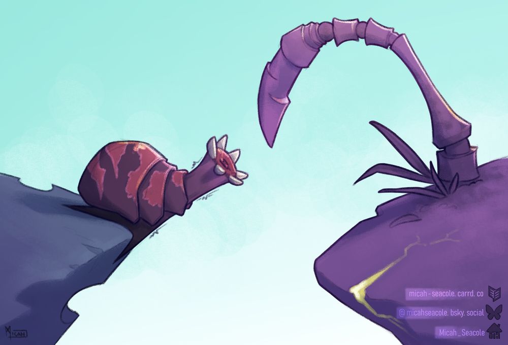 a strange purple alien snail with a toothy maw desperately trying to reach an alien plant on a rocky outcrop. The snail is too far away to reach it and is in danger of falling down a chasm.