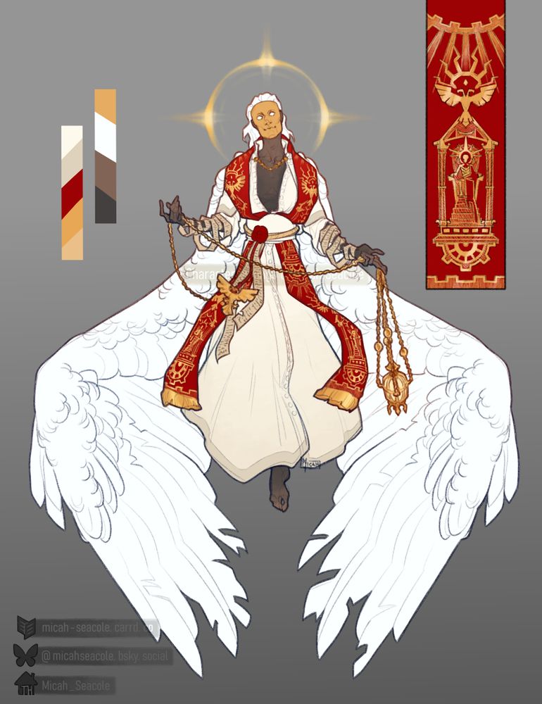 a male angel with unnaturally dark skin wearing a golden mask, a partially unbuttoned off-white cassock and wide belt, a red stola with gold embroidery and a rope belt closed with a red wax seal. His white hair hangs loose. Pale parchment strips covered in writing are wrapped around his arms, two more hanging from the wax seal along with a golden imperial aquila (a two headed eagle). His large white wings hang by his sides, the ends of the feathers are tattered and broken. He has his head cocked to the side, a golden halo shining behind his head as the gentle smile of the mask gives him a curious but unsettling expression. A golden thurible on four chains hangs from his left hand as he gently swings it. A small set of color palettes is to the left, on the right a close up of the stola shows the embroidery: lines with cog teeth at the bottom edge, a roman style temple on top of a set of cogs with a haloed corpse wearing a red toga sitting on a throne. An aquila sits on the roof of the temple, bearing it's own halo that resembles an eye, above light shines down, turning into cog teeth on top, implying a repetition of the pattern.