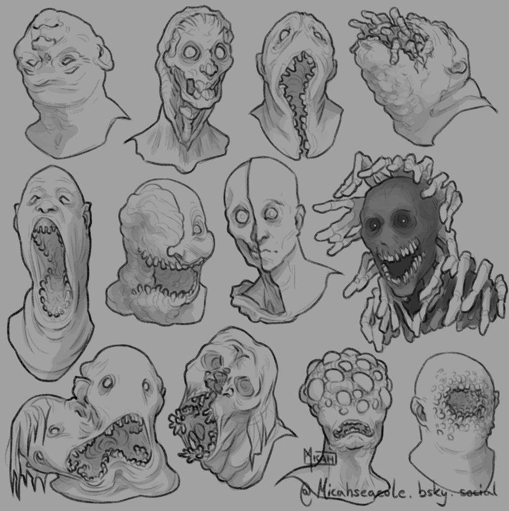 12 digital portraits of grotesque humanoids. Top left to bottom right, 4 per row: Old man with head attached to his neck upside down. A person with their face skinned and peeled back to frame skull. A person with an oblong mouth lined with teeth extending down past their chin and neck. A person with uncountable fingers crawling out their mouth, visible through the skin of their throat. A person with a very tall mouth and evenly spaced teeth. Person with half their face horribly deformed, all features missing, the other half is shaped like a stylized crescent moon with the nose and mouth in profile, single eye wide. A person with half their face and neck skinned and peeled down. A humanoid creature with dark raw, dry muscle exposed as his skin peels back and forms into fingers. Two people melted together with a single malformed mouth. A person with thin hair and their face splitting down the middle. A person with the upper part of the head filled with orb like pustules. A person with their face replaced by a teeth filled hole.