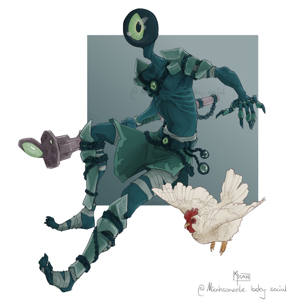 A humanoid with a singular eyeball as its head jumping through the air. It has green/blue skin. A white chicken is flying next to him.
He is wearing minimal armor held together by chains and has bandages covering his thighs and feet. It is holding a wand.
