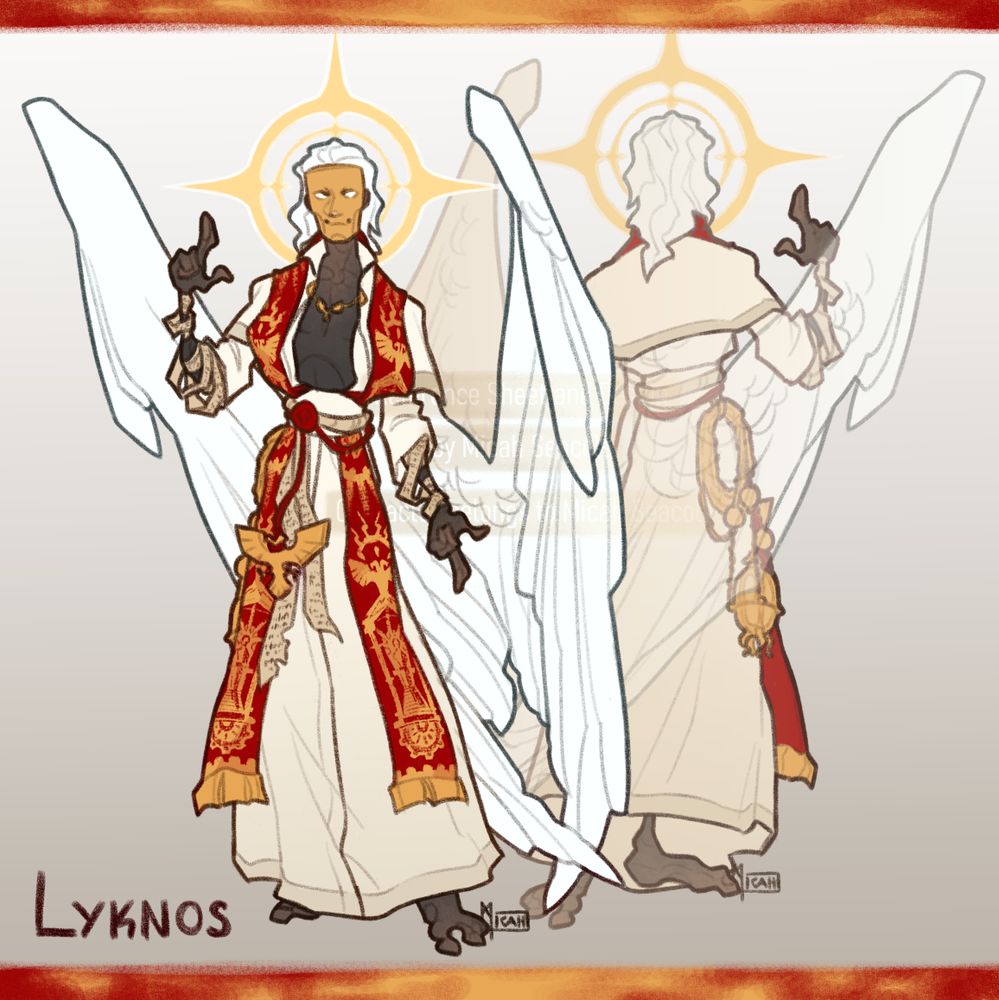 simple square reference sheet of my OC Lyknos. He is a humanoid angel with unnaturally dark skin, white hair and big white wings. He is wearing an off white cossack, wide white belt, a sort of half cape over his shoulders and a red stola with images of the Emperor on the Golden Throne and multiple Aquila. A gold Aquila hangs from a red rope on a rope belt that also has a purity seal and two prayer parchments attached to it. More parchments are wrapped around his arms. His face is covered by a gold mask with a serene but conspiratorial smile. A stylized halo is behind his head. He is making a "as above, so below" gesture with his hands as he stares straight at the viewer.
