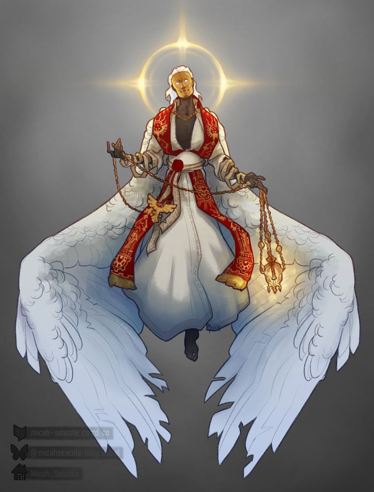 a male angel with unnaturally dark skin wearing a golden mask, a partially unbuttoned off-white cassock and wide belt, a red stola with gold embroidery and a rope belt closed with a red wax seal. His white hair hangs loose. Pale parchment strips covered in writing are wrapped around his arms, two more hanging from the wax seal along with a golden imperial aquila (a two headed eagle). His large white wings hang by his sides, the ends of the feathers are tattered and broken. He has his head cocked to the side, a golden halo shining behind his head as the gentle smile of the mask gives him a curious but unsettling expression. A golden thurible on four chains hangs from his left hand as he gently swings it.