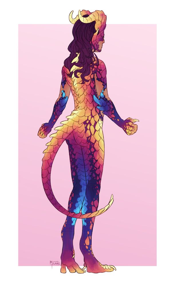 An illustration of a human/dragon character. They have mixed human and reptilian features. They have horns, long pointy ears and mosaic like scales, which are all sunset colors as well as a tail.
They are standing turned away from the viewer.