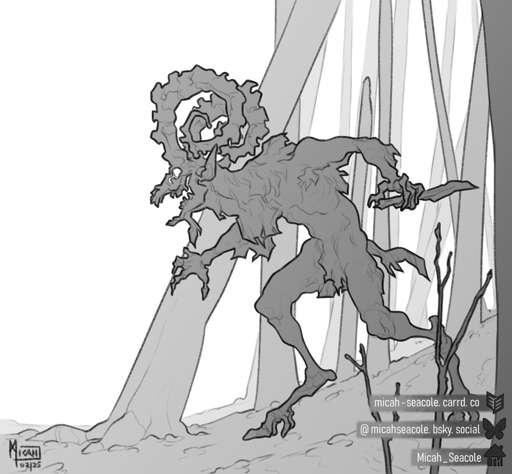 An anthropomorphic ibex with its skull visible stalking through a forest, holding a crude knife. Artwork in grey-scale.