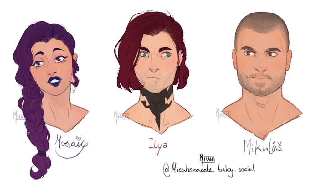 three digitally drawn busts of three caucasian humans.
Left to right: Mosaic is smiling to the side (feminine features, long slightly curly purple hair in a braid over their shoulder), Ilya who I swear is happy, he just has a resting bitch face (masculine, chin length wavy red hair, multiple facial scars) and Mikuláš just being chill (masculine, dirty blonde/pale brown buzz cut and 5 day beard).