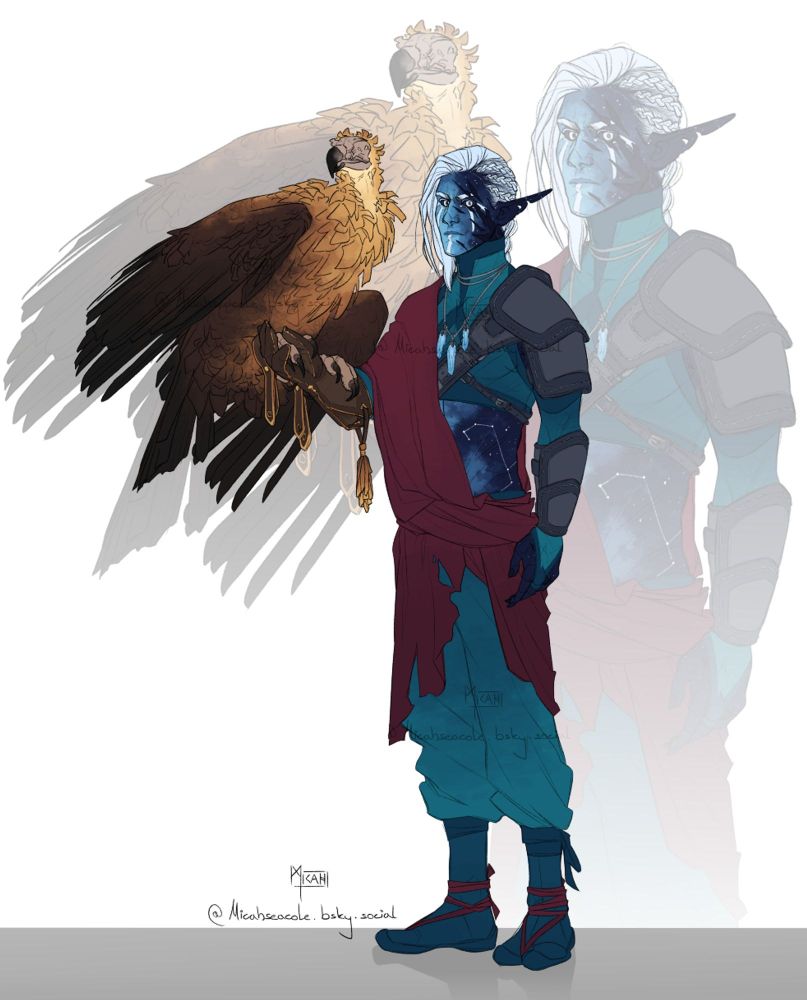 An elf with skin colored and patterned like a night sky full of stars and constellations, long braided white hair and scars on the left side of his face, neck and torso holding a cinereous vulture on his gloved right hand.
The elf is wearing a teal crop top and loose pants, jika tabi tied at the ankle with red ribbon, a wide red sash over his right shoulder and a leather pauldron and vambrace on his left arm.
A scaled up version of the same artwork is visible at a lower opacity in the background.
The elf has a slightly pissed off expression, almost sneering at the viewer. He looks like a perpetually angry person.