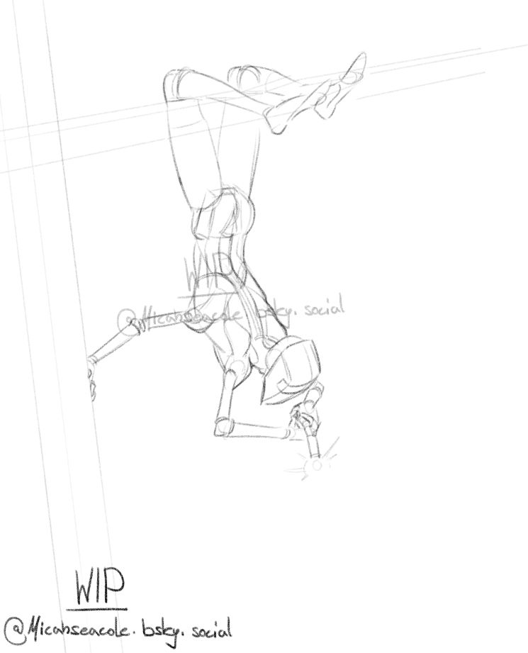 rough digital sketch of a four armed humanoid hanging upside down from an i-beam while welding. He is bracing a hand against another beam as he stabilizes the welding torch with two hands. The thing he is welding is not yet sketched.