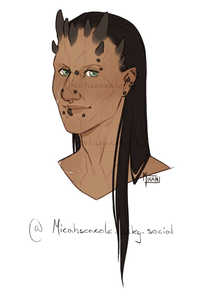 A portrait of a male Iridonian Zabrak with a slim angular face, long straight hair, a kind smile and a bunch of piercings all over his face and ears.
