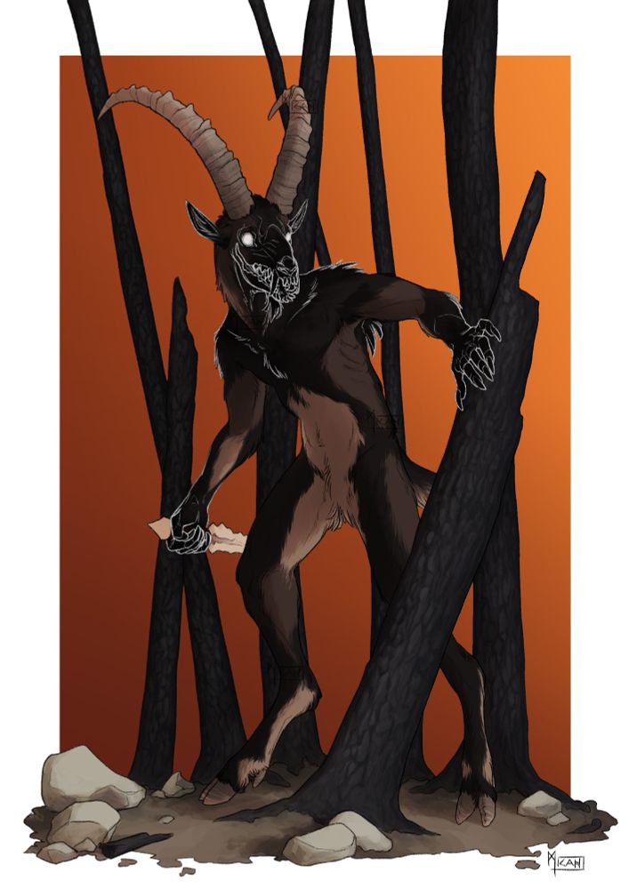 An anthropomorphic bezoar ibex with sharp, canine-like teeth holding a knife made of bone and stalking around a burnt forest.
A large orange rectangle is behind him.