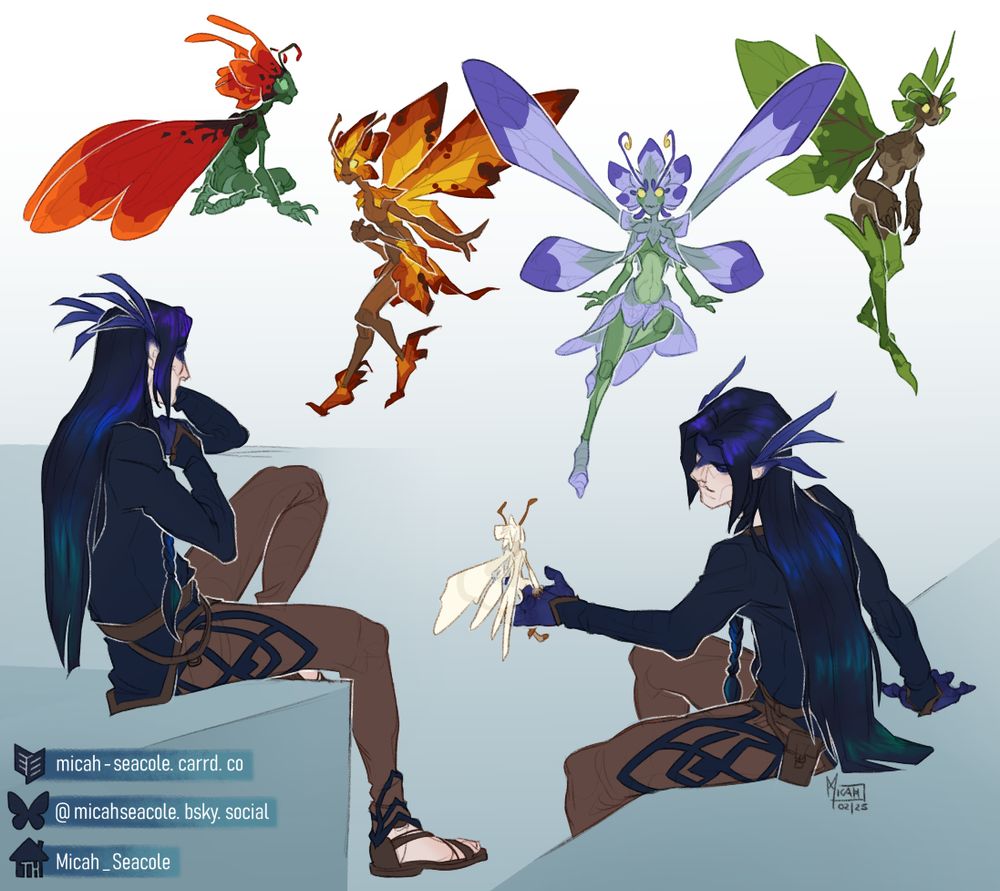 a digital sketchpage of four fairy designs (based on poppies, fall leaves, rosemary and oak leaves) and an elf with dark hair and clothing. The elf has two sitting poses, one turned away from the viewer, looking pensive, the other holding a small white moth fairy on one hand.