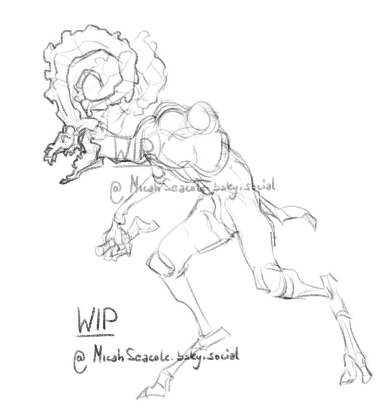 a rough digital sketch of a bipedal anthropomorphic ibex wielding a knife. Its face is a skull with sharp teeth. Its body has elongated and strange proportions.