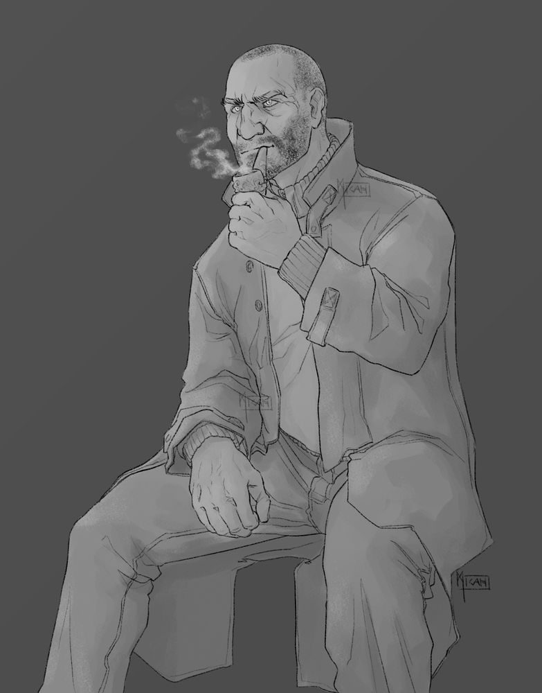 a rough sketch of an older man (late 50s) sitting down and smoking a pipe. He is wearing a long sleeved, high necked shirt and a long coat over top of it.