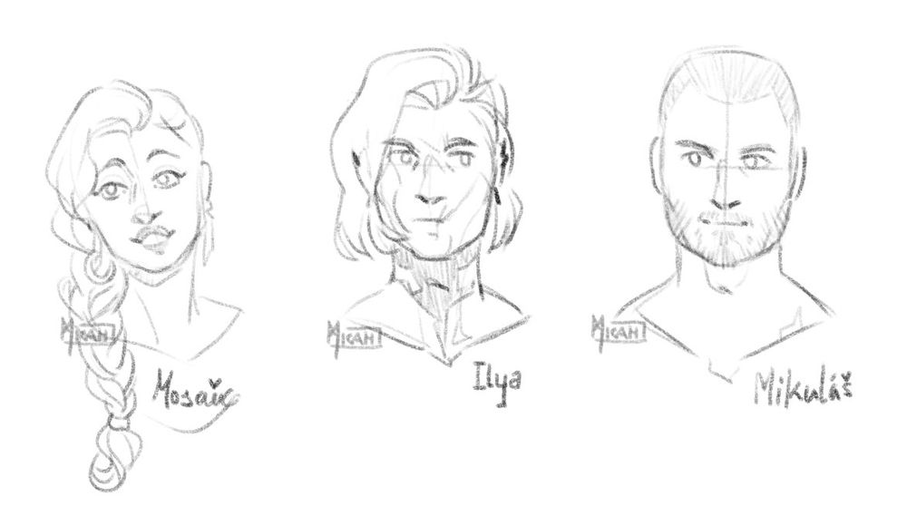 three digitally sketched busts of humans. Left to right: Mosaic is smiling to the side (feminine features, long slightly curly hair in a braid over their shoulder), Ilya who I swear is happy, he just has a resting bitch face (masculine, chin length wavy hair, multiple facial scars) and Mikuláš just being chill (masculine, buzz cut and 5 day beard).
