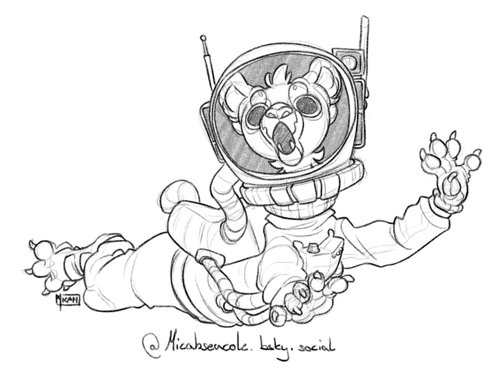 My mythological sphinx character Kyriakos in a space suit. He is floating around with all four limbs spread out away from himself, his eyes are wide and he looks around with an expression of utter awe and astonishment on his face.
