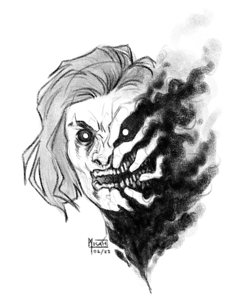 digital sketch of a human man with chin length disheveled hair. He looks furious, his face twisted into an angry visage that disintegrates into a smoking void barely held together by strange finger like appendages on the left side. His remaining eye is black with a white iris, the right iris is floating in the void between what is left of that side of his face.