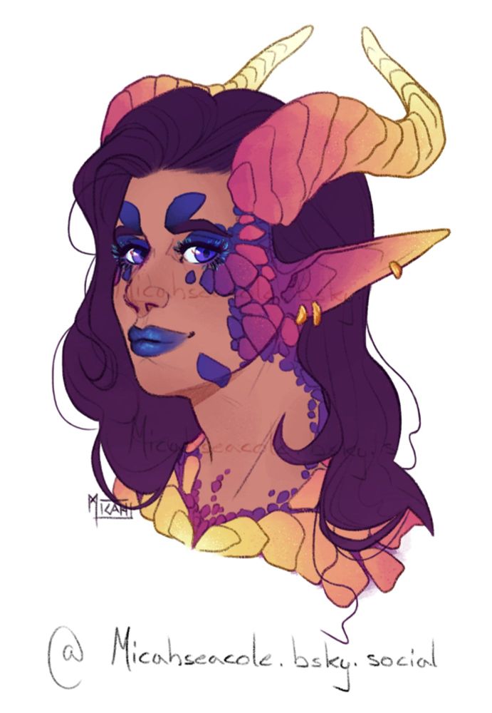 A portrait of a human/dragon character. They have mostly human features, except for their horns, long pointy ears and mosaic like scales, which are all sunset colors.
They have a calm, friendly look on their face.