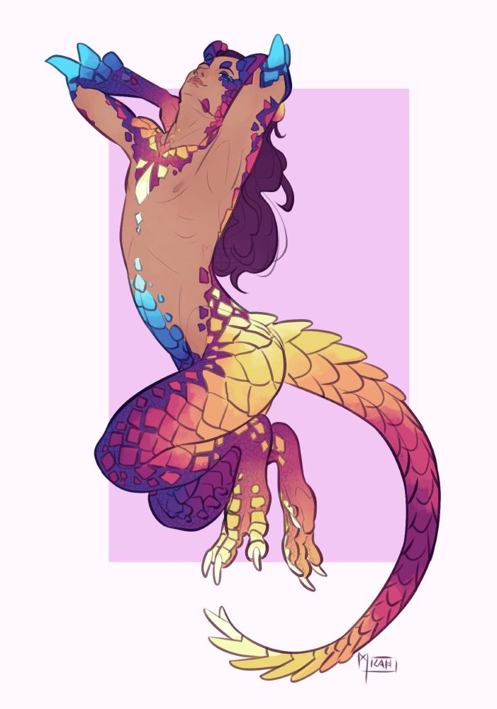 Mosaic in their Stormerki form: They look like a mix between a very colorful dragon and a human with digitigrade legs, a tail and horns and spikes. Their scales' colors range from bright yellow to magenta to dark purple and light blue, like a sunset.
They have their arms stretched behind their head.