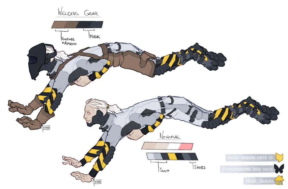 two digital drawings of a four armed human with albinism running on all fours, one arm pair tucked close to his chest. He is wearing a light grey work overall with darker elbow and knee pads and yellow and black hazard stripes on his lower legs and arms. His shoes are dark grey with hazard stripes and have three separate toes. A copy of the full body sketch is seen a bit above the first one, in this he also wears a dull brown leather apron and gloves as well as a welding mask.