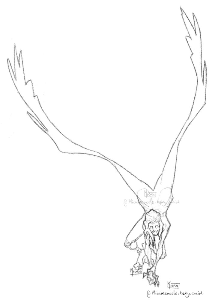 a long limbed angel with large wings and a masked face stalking toward the viewer on all fours ready to leap forward, wings stretched above him.