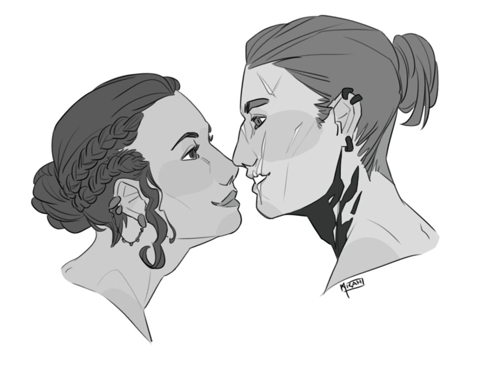 Busts of my OCs Ilya and Mosaic.
Mosaic (left) has feminine features and long hair in braids and a low bun and earrings with a chain linking two of them. Ilya (right) is male, has long hair in a loose high bun, facial scars, a throat tattoo and three black earrings. The busts are facing each other, very close and look like they are about to kiss.