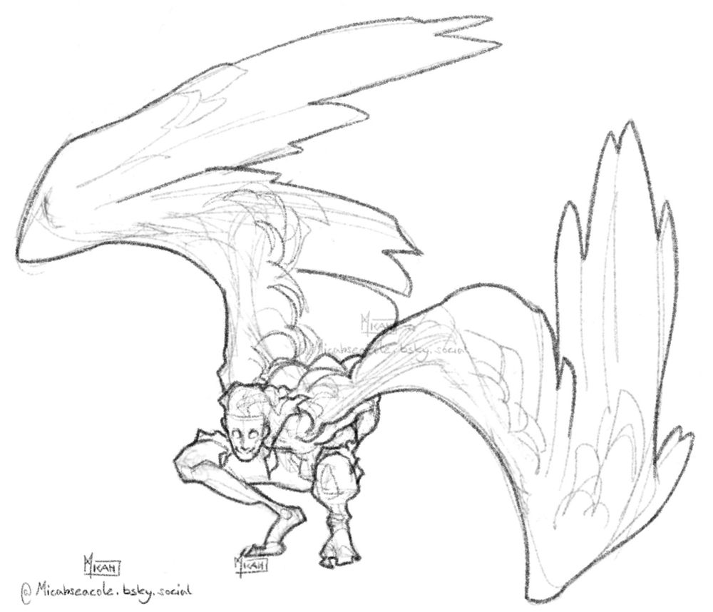 a long limbed angel with large wings and a masked face crouching and staring down the viewer.