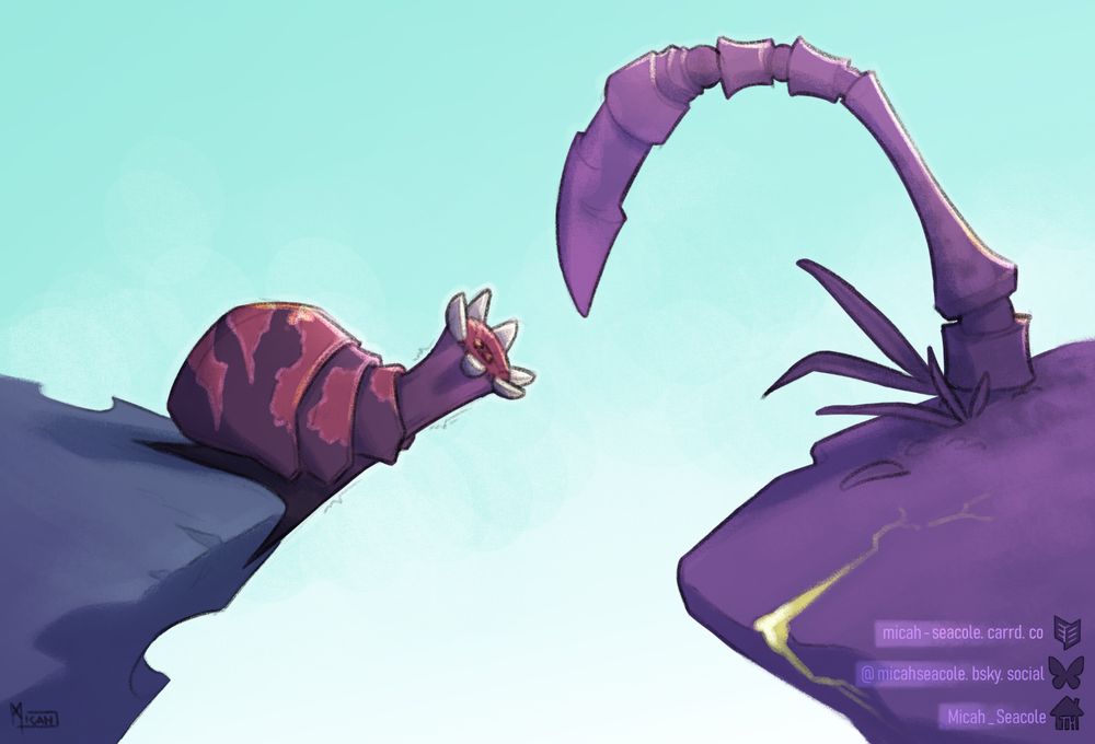 a strange purple alien snail with a toothy maw desperately trying to reach an alien plant on a rocky outcrop. The snail is too far away to reach it and is in danger of falling down a chasm.