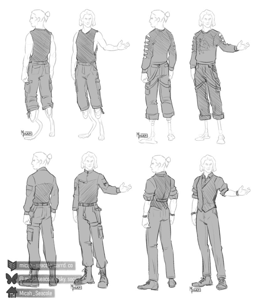 Four figure sketches of Ilya, a human man with chin length hair and prosthetic legs.
Top row, casual wear:
1st his normal outfit, 3/4ths cargo pants and a sleeveless black shirt;
2nd a long sleeve shirt with slashed sleeves ("Orphanmaker" design by Critical Role) and black cargo pants with some straps on it, folded to show his prosthetic legs.
Second row:
1st his PMC/soldier look, a long sleeved shirt with velcro patches on his upper arms and chest, long pants tucked into combat boots and a bun holstered on his hip;
2nd a fancy look with a suit shirt, vest, ironed trousers and dress shoes. He wears a watch and some simple bracelets. He looks a bit like a bartender.