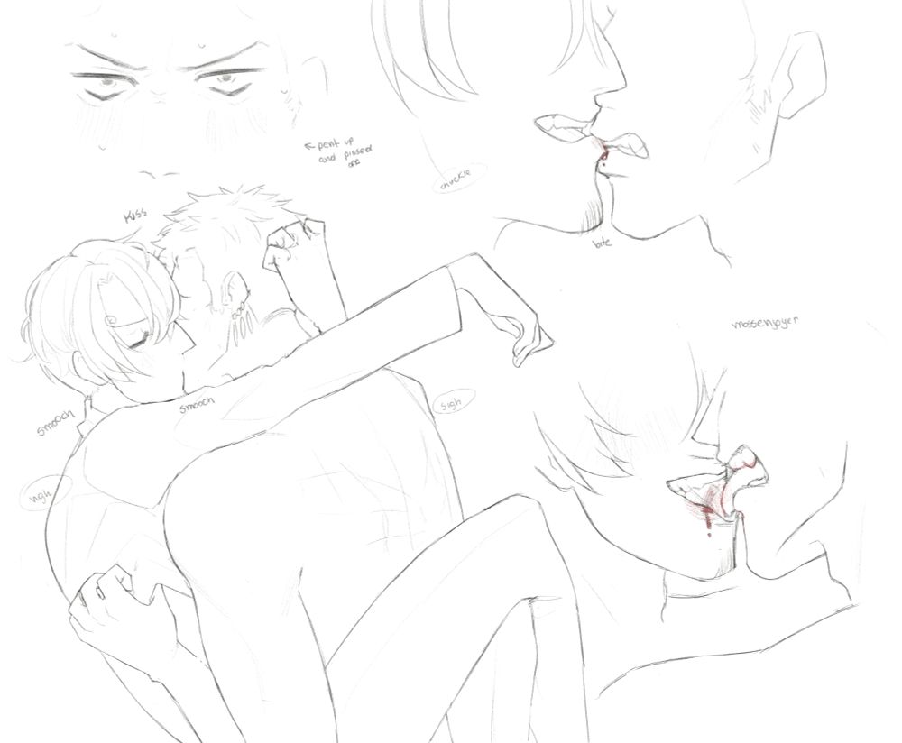 zoro and sanji kissing, then zoro bites sanji`s lips, making it bleed
