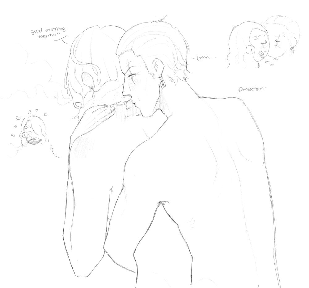 40!zoro holding 40!sanji from the back, kissing his neck. Sanji is saying "good morning, marimo", and also wearing one of Zoro's earrings. on the corner there are them as chibis kissinf, and one very satisfied oldji 