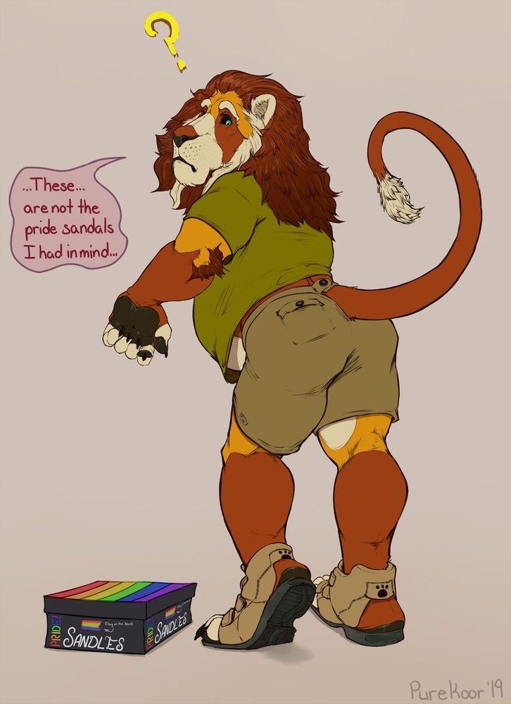 Digital drawing of Koor, the anthro tycoon turn into a lion, wearing a new pair of sandles for pride month. The pride sandles have little paw pads on the back, the box they came in is covered in prideflag colors. Koor is questioning the TF by saying "these are not the pride sandals I had in mind"