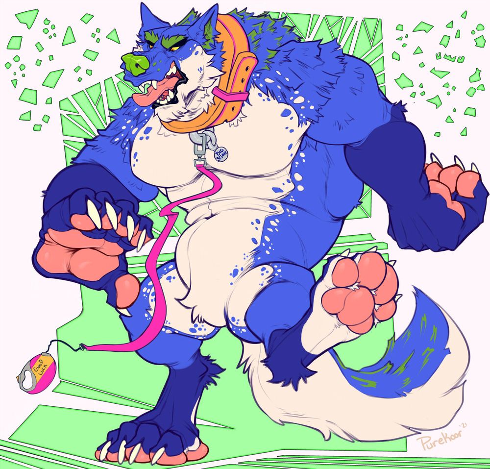 Digital drawing of Zaszblue as a big fluffy anthro dog who's rampaging a tiny bit. As a treat