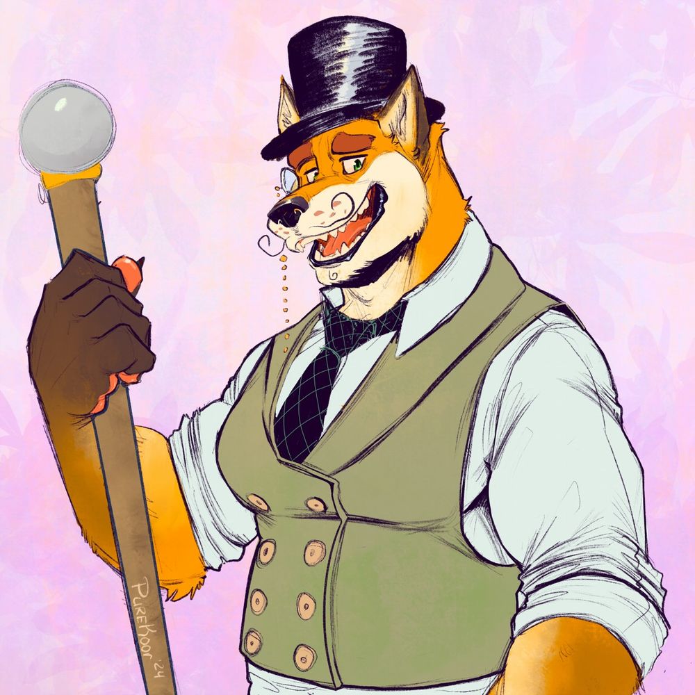 Digital drawing of an anthro canine in a fancy suit being very dapper. They have a monocle, a french mustache, and fancy staff