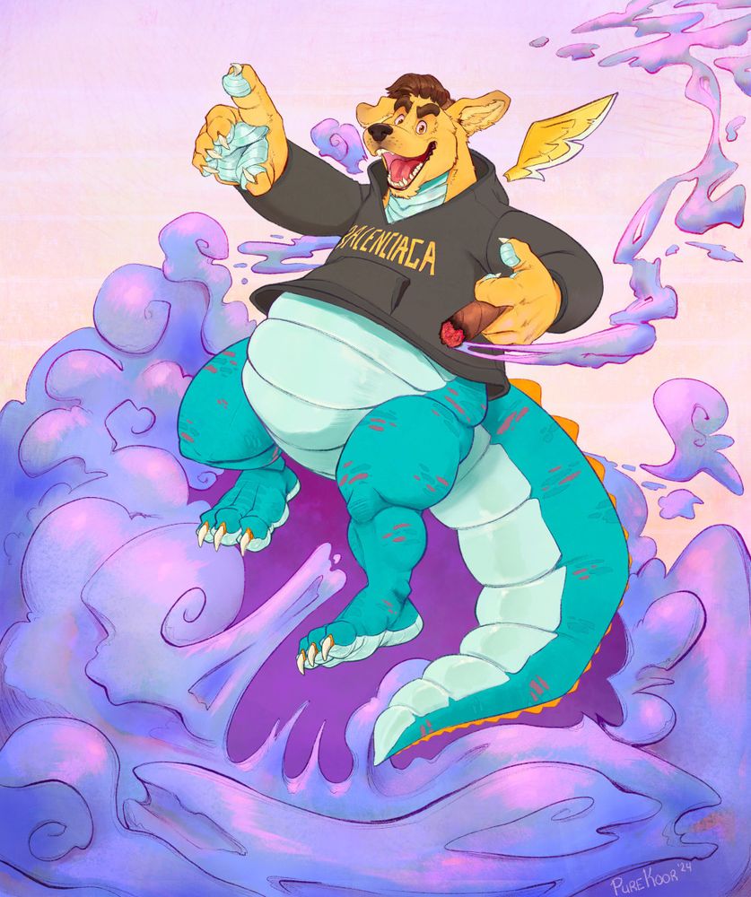 Digital drawing of Ludwig's fursona. They're a lab dragon hybrid wearing a balenciaga hoodie holding a smokey blunt