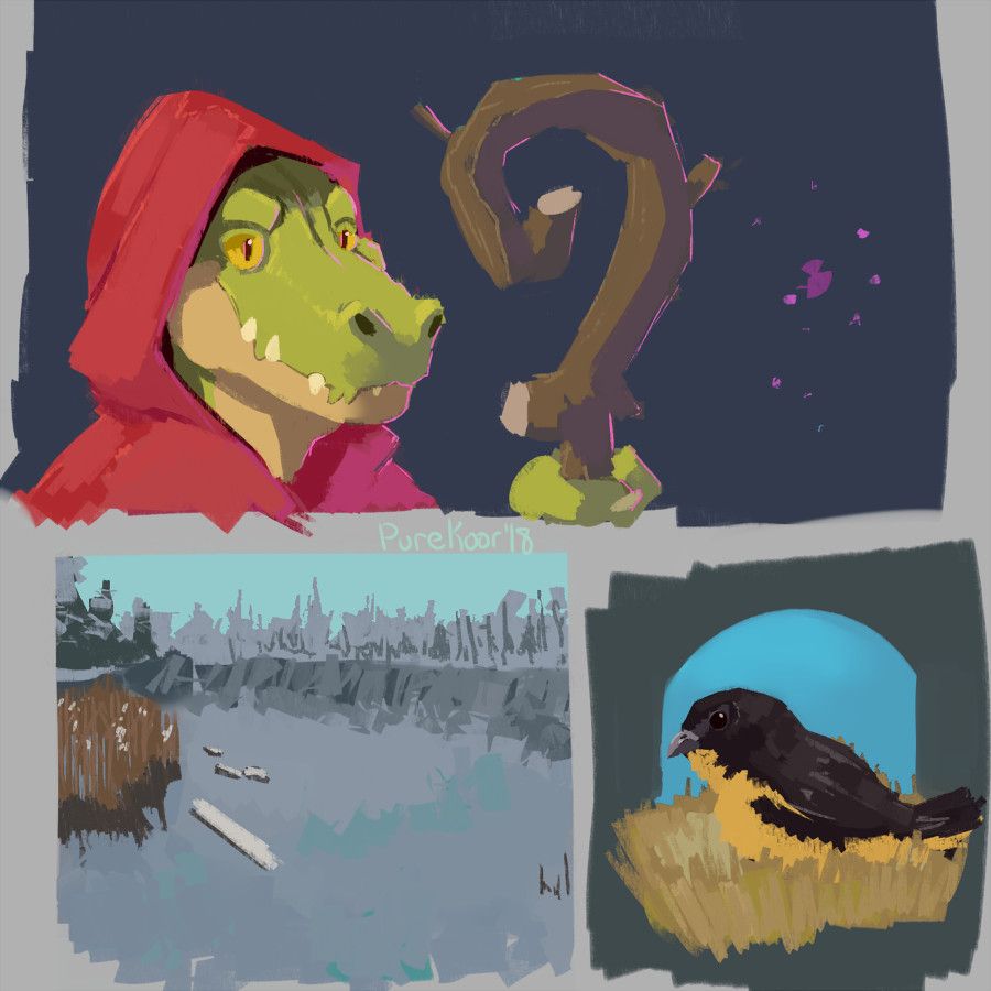 3 Digital paintings. 1st is A wizard clocked anthro gator holding a magic curled wooden staff. 2nd is an abstract paiunting of a frozen winter lake. 3rd is a painting of a hard edged brush bird sitting in a nest