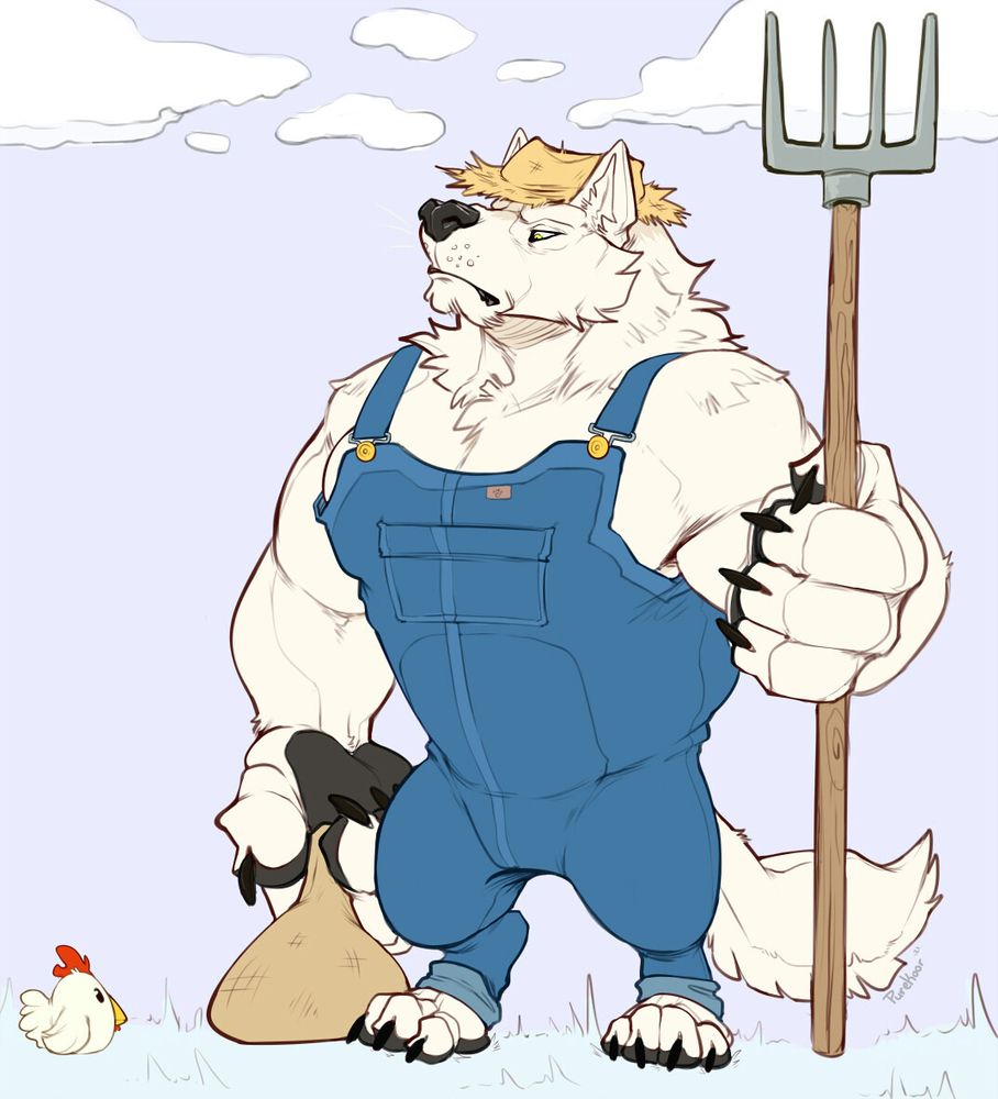 Digital drawing of an anthro farmer dog with a doritio build, overalls, holding a pickfork, a bag of feed, and a mean look. A very small egg shaped chicken sits before him, waiting for food