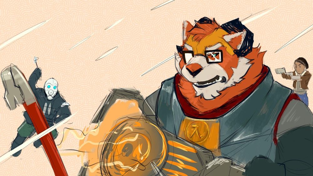 Digital draw of anthro Koor in the HEV wielding the gravity gun that's picking up a crowbar, is looking determined as bullets fly past them. A combine solider is running at koor with alyx pointing a gun at the combine in the background