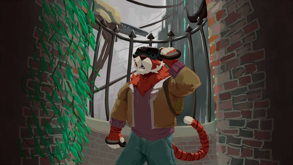 Digital painting of an alleyway where koor the anthro tycoon is wearing alyx vance's outfit. He's in aw with the valve index on his face/hands. In the background is the Citadel and a patrolling strider
