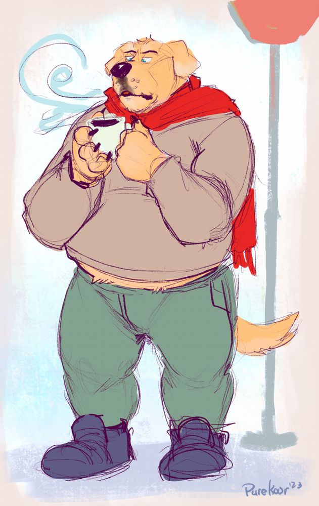Digital drawing of an older anthro golden Labrador dog wearing winter clothing as they wait at the stop sign for the bus. They grip their hot chocolate, blowing on it as you can see the air move across the top of the mug