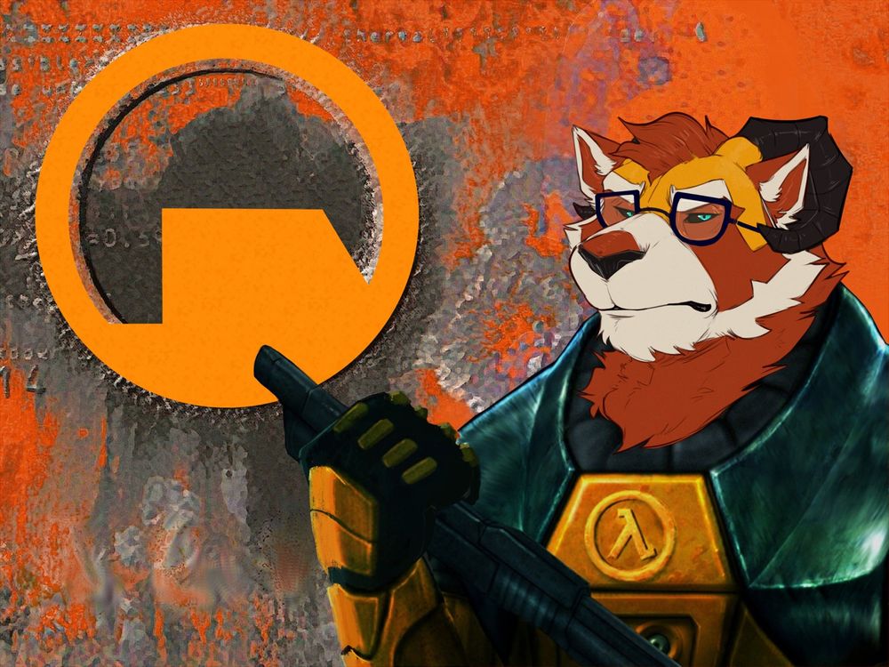 Digital draw over of the Half-Life Screen with stern Koor's anthro tycoon head with glasses instead of gordon freeman's