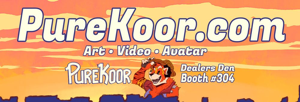 Digital artwork of koor in a mountain sunset wearing a cowboy hat. Text says Purekoor.com. art video avatar. purekoor dealers den booth #304