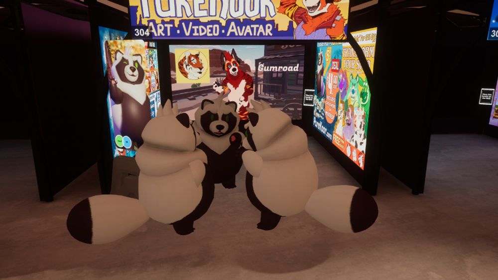 Vrchat photo of purekoor's furality umbra booth with 3 tanuki avatars standing in front