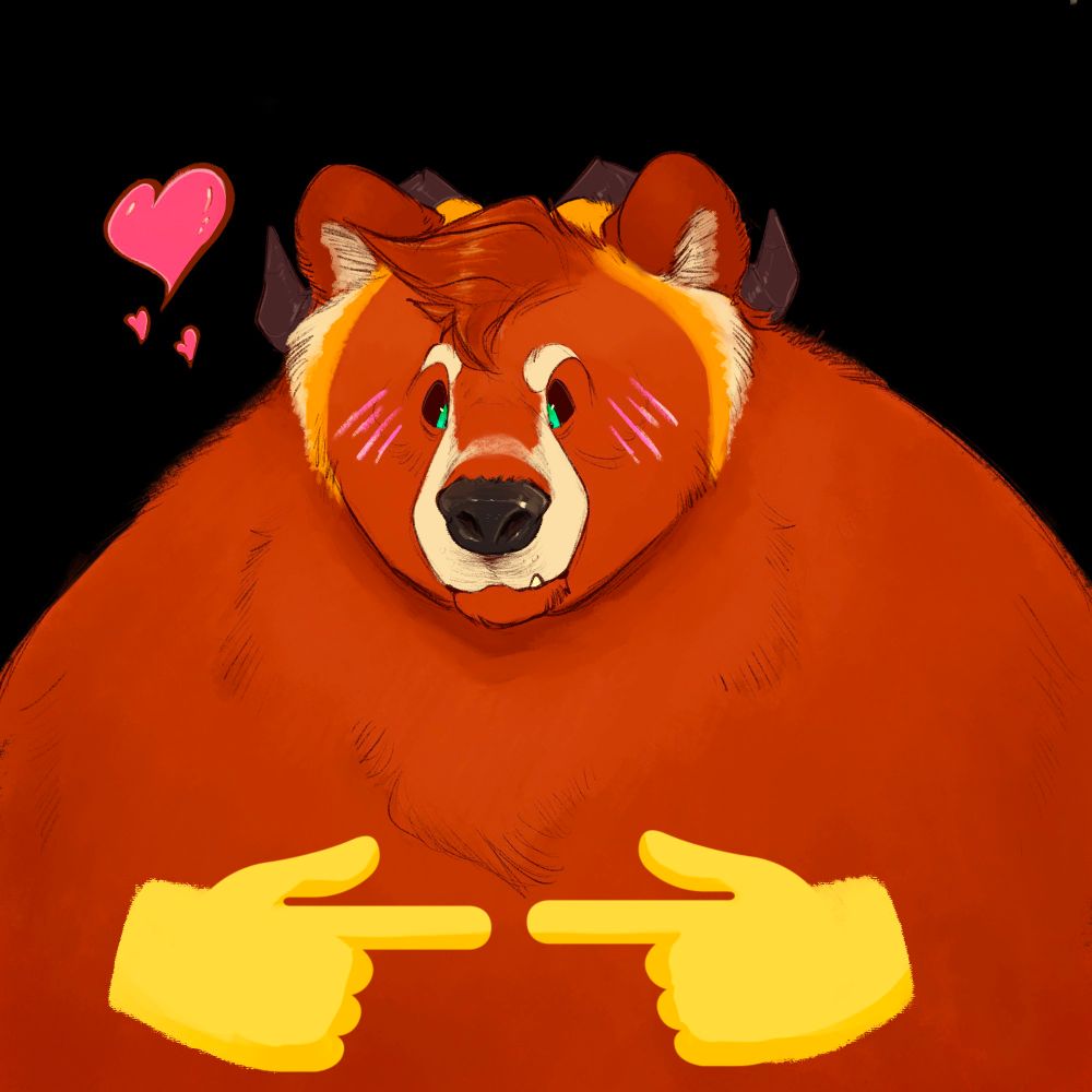 Digital drawing of bear koor orb looking down with nervous double finger tip touch. Hearting you for following