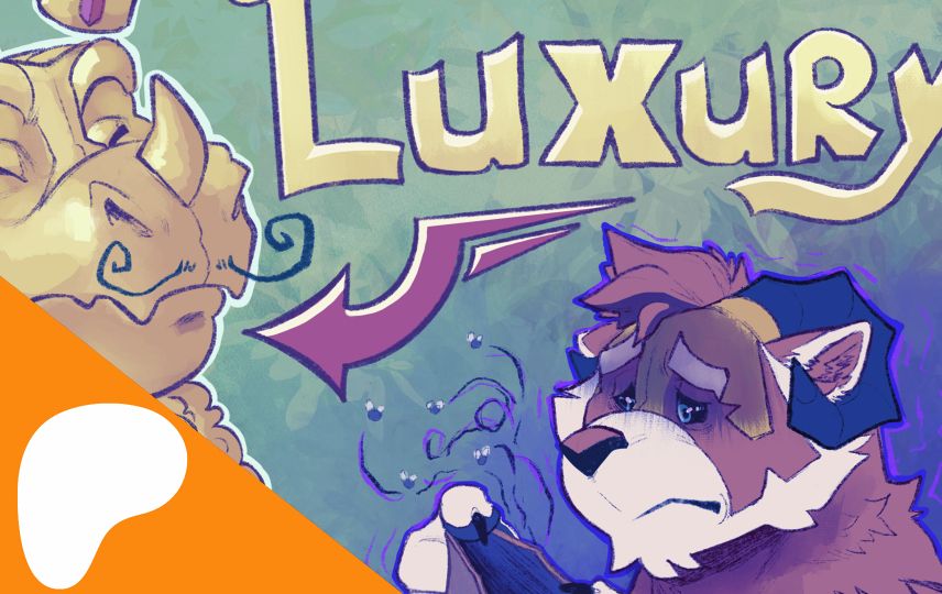 Digital drawing of a sad koor holding an empty wallet, with a rich furry across from them with text saying "luxury" above them. In the corner is a patreon signifier