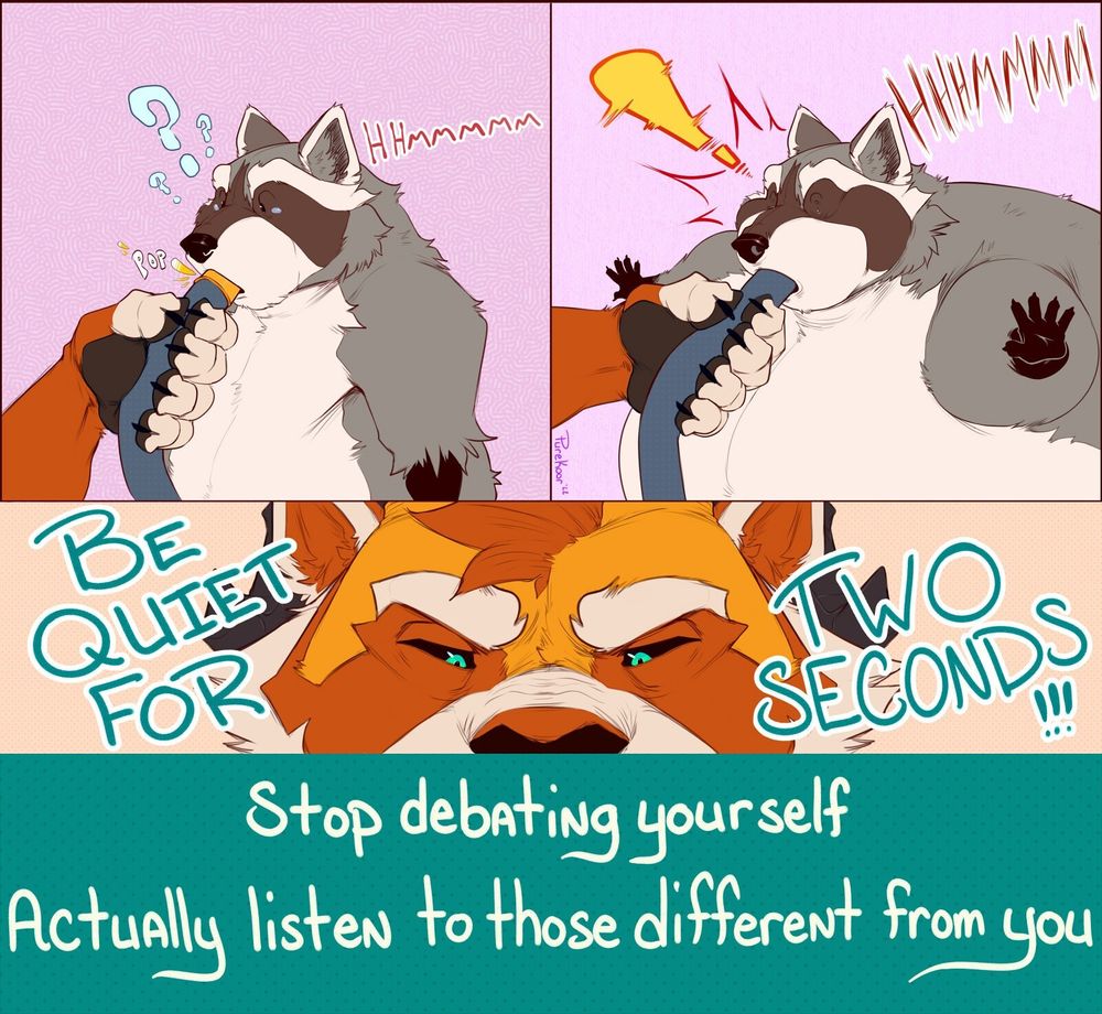 Koor inflates the raccoon big and round. Koor says "be quite for two seconds. stop debating yourself. actually listen to those different from you"