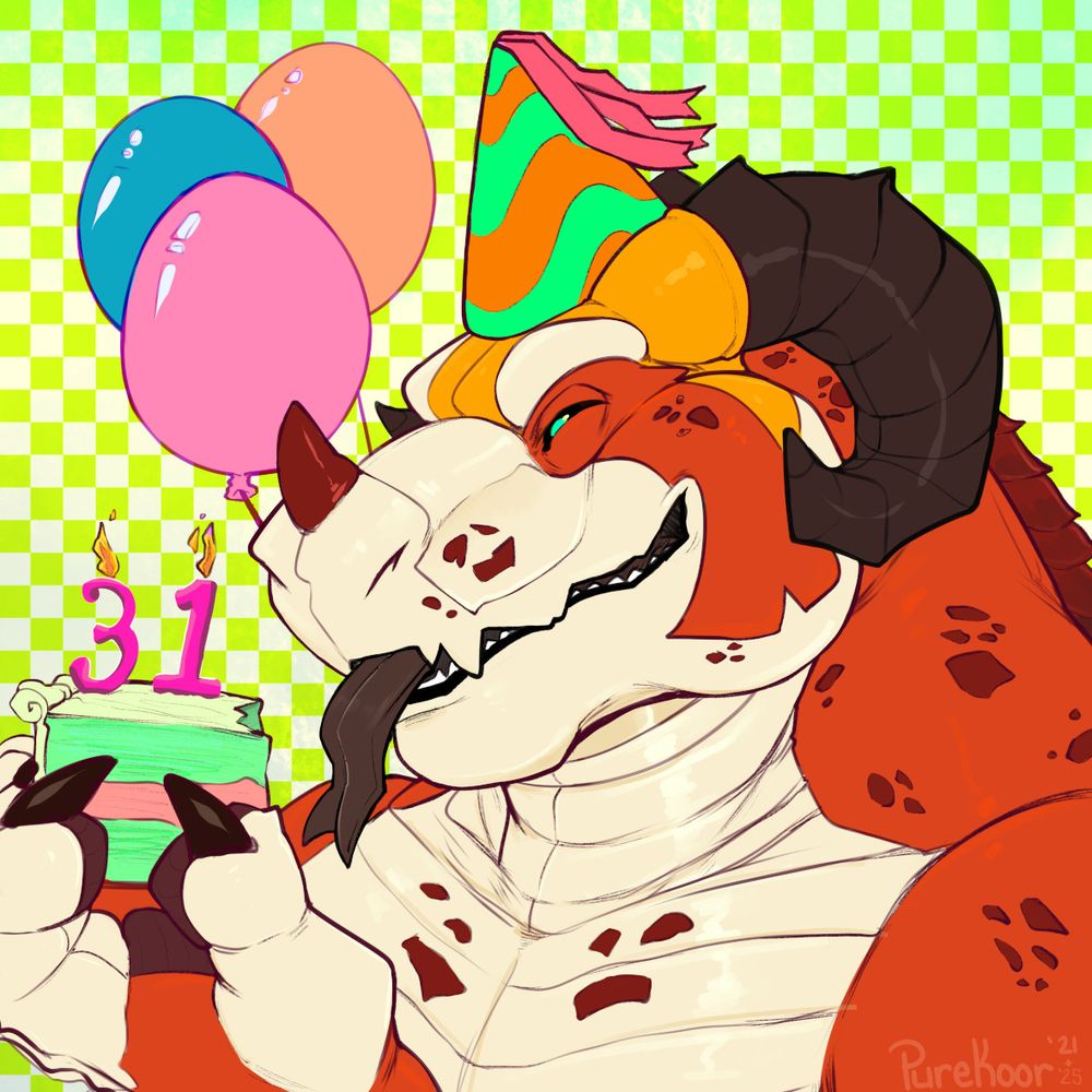 Koor the anthro dragon smiling as they hold a 31st matcha and strawberry birthday cake slice. They adorn a birthday hat and 3 balloons