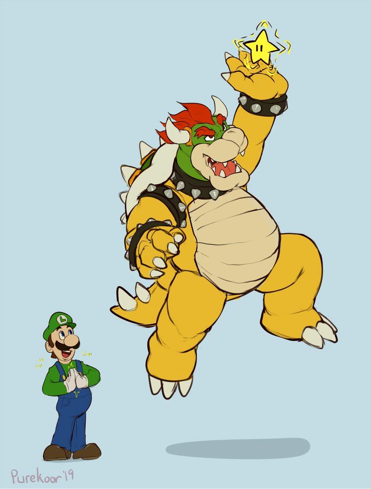 Digital draw of luigi clapping happily as bowser jumps up to grab a star