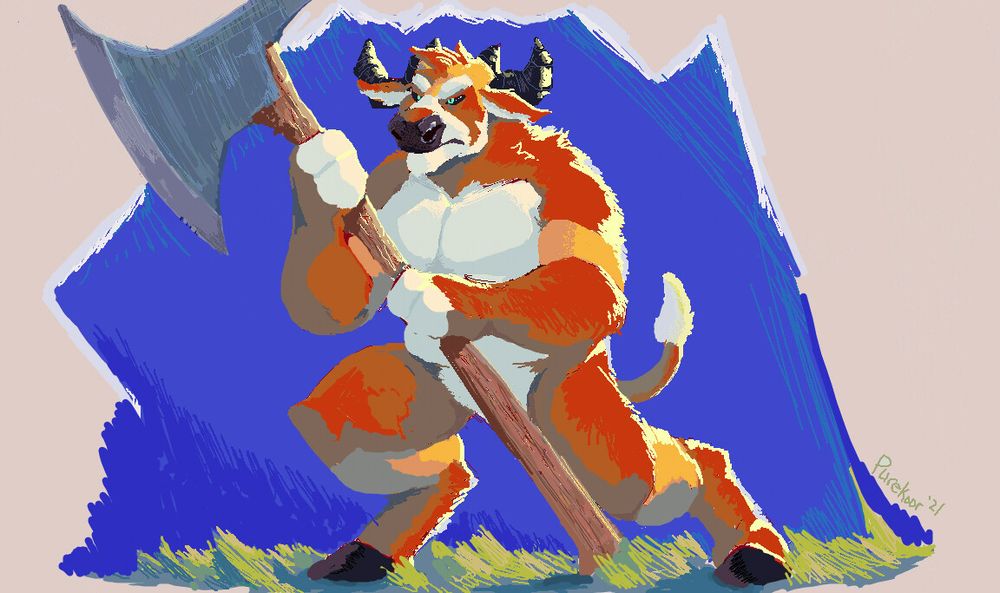 Digital painting in Microsoft Paint. The subject is Koor the anthro minotaur holding a giant axe. It is slightly pixel-y